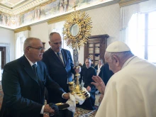 Pope Francis meets with members of the U.S. bishops’ committee for the National Eucharistic Congress on Monday, June 19, at the Vatican.