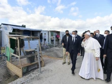 Pope Francis visits the Mavrovouni refugee camp on the Greek island of Lesbos on Dec. 5, 2021