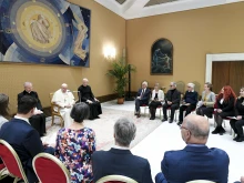 Pope Francis meets with representatives of DIALOP, Transversal Dialogue Project, an association of European leftist politicians and academics that seeks to bridge Catholic social teaching and Marxist theory, on Jan. 10, 2024, at the Vatican.