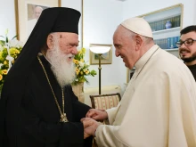 Pope Francis greets His Beatitude Ieronymos II in Athens, Greece on Dec. 5, 2021.