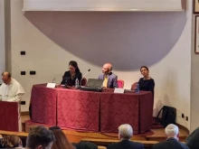 Participants speak at the conference “Jews and Catholics on Ethics: A Light to the Nations” at the Pontifical University of St. Thomas Aquinas in Rome on April 1, 2025.
