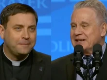 Monsignor James Shea, president of the University of Mary in Bismarck, North Dakota (left), and Rep. Chris Smith, R-New Jersey, speak at the National Catholic Prayer breakfast on Feb. 28, 2025, in Washington, D.C.
