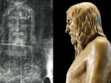 Left to right: Negative photo of the frontal image of the man of the shroud. A side view of the sculpture, “The Sign,” which depicts the man of the shroud.
