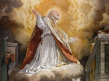 St. Philip Neri in levitation, fresco by unknown (1600 ca.) from Vallicella rooms of the saint, Chiesa Nuova, Rome.