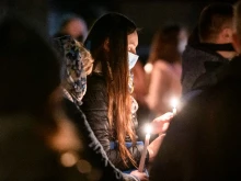 Catholics pictured near the Co-Cathedral of St. Alexander in Kyiv, Ukraine. April 3, 2021.