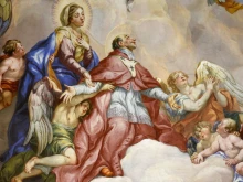 The Intercession of Charles Borromeo supported by the Virgin Mary dome fresco by Johann Michael Rottmayr in St. Charles’s Church, Austria.