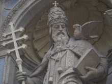 A statue of Pope Gregory I, also known as St. Gregory the Great, with his famous Catholic iconography of a dove sitting on his shoulder, sits outside of St. Stephen’s Basilica in Budapest, Hungary, on Monday, Dec. 30, 2024.