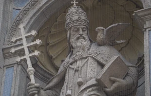 A statue of Pope Gregory I, also known as St. Gregory the Great, with his famous Catholic iconography of a dove sitting on his shoulder, sits outside of St. Stephen’s Basilica in Budapest, Hungary, on Monday, Dec. 30, 2024. Credit: Alexander Ruszczynski/Shutterstock