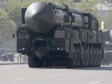 Intercontinental ballistic missile Topol-M exhibited at the annual Victory day Parade dress rehearsal on May 6, 2012 in Moscow, Russia. 
