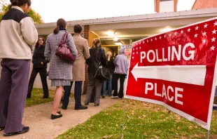Voting polling place sign and people lined up on  electon day.   Rob Crandall / Shutterstock