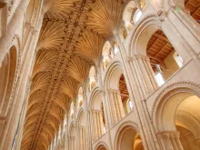 Wide-Angle view of the nave of Norwich Cathedral, England. 
