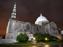 Basilica of the National Shrine of the Immaculate Conception at night in Washington, DC.