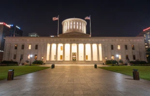 Facade of Ohio Capital building at night in Columbus, Ohio.   Paul Brady/Shutterstock