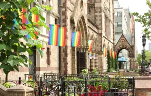 Gay Lesbian Pride Rainbow Flags on Church Building in City.   Jessica Gusar_Shutterstock 