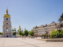 Bell tower of Saint Sophia Cathedral, Sofiivska Square, Kyiv, Ukraine. 