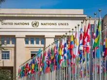 United Nations Building and the flags in Geneva Switzerland. 