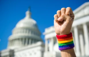 Hand wearing gay pride rainbow wristband making a power fist gesture in front of the US Capitol Building in Washington, DC. Via Shutterstock