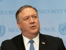 US Secretary of State Michael Mike Pompeo addresses press at the UN, December 2018. 