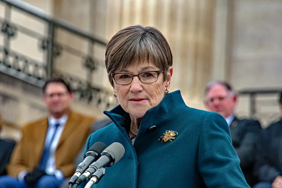 Governor Laura Kelly delivers her inaugural speech is front of the steps of the Kansas State Capitol building, Jan 2019. ?w=200&h=150