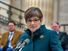 Governor Laura Kelly delivers her inaugural speech is front of the steps of the Kansas State Capitol building, Jan 2019. 