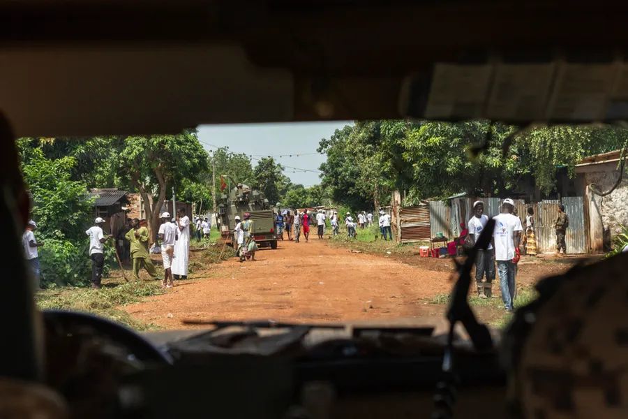 Soldiers patrolling on streets of Bangui, Central African Republic. View from inside military vehicle. ?w=200&h=150
