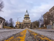 Rough road leading to the Illinois State Capitol Building. Springfield, Illinois. 