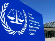 Close-up view of the sign of the International Criminal Court (ICC). 