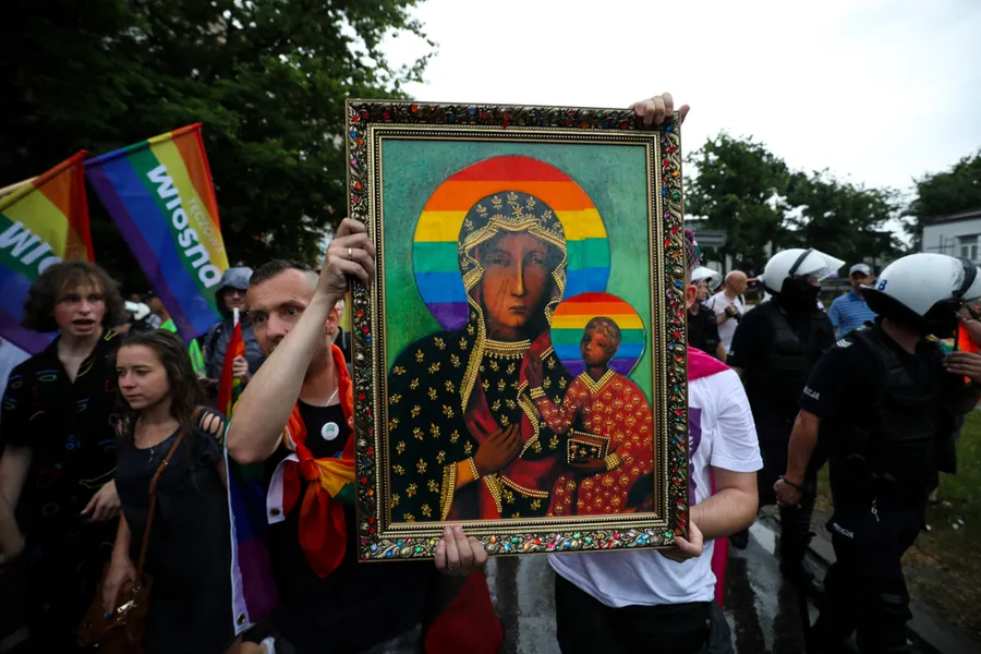 16 June 2019: Polish LGBT marchers display blasphemous image of the Black Madonna of Czestochowa. ?w=200&h=150