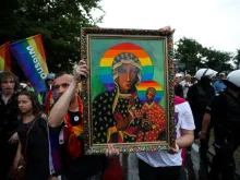 16 June 2019: Polish LGBT marchers display blasphemous image of the Black Madonna of Czestochowa. 