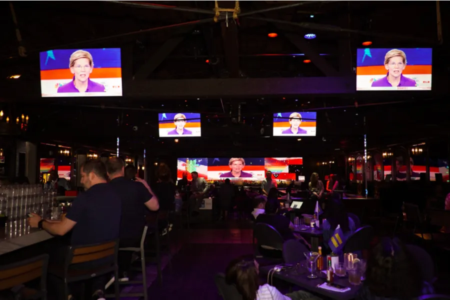Senator Elizabeth Warren on the TV screens debating. Election 2020. ?w=200&h=150