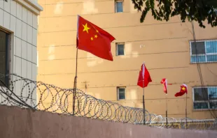 Chinese flags on barbed wired wall in Kashgar (Kashi), Xinjiang, China. Credit: Jonathan Densford/Shutterstock 
