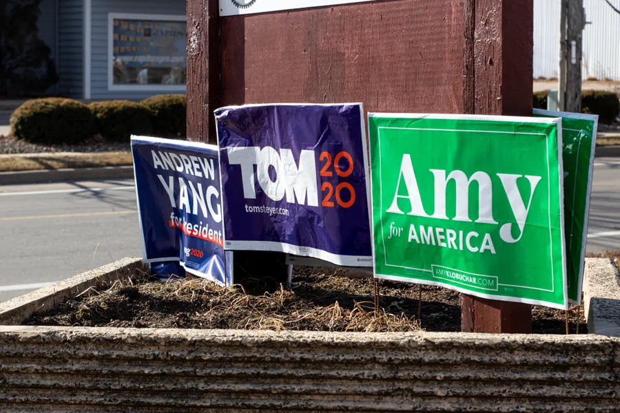 Campaign signs ahead of the Feb. 3, 2020, Iowa caucus. ?w=200&h=150