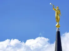 Image of Moroni on top of a Mormon temple. 