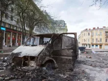 Burned car in the center of city after unrest in Odesa, Ukraine. 