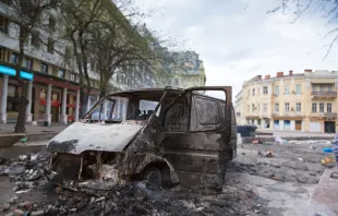Burned car in the center of city after unrest in Odesa, Ukraine.   aragami12345s_Shutterstock 