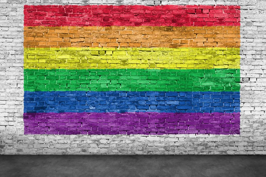 Rainbow flag painted over old white brick wall. Stock image via Shutterstock.?w=200&h=150
