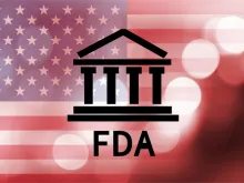 Building icon with inscription FDA and flag of The United States. 