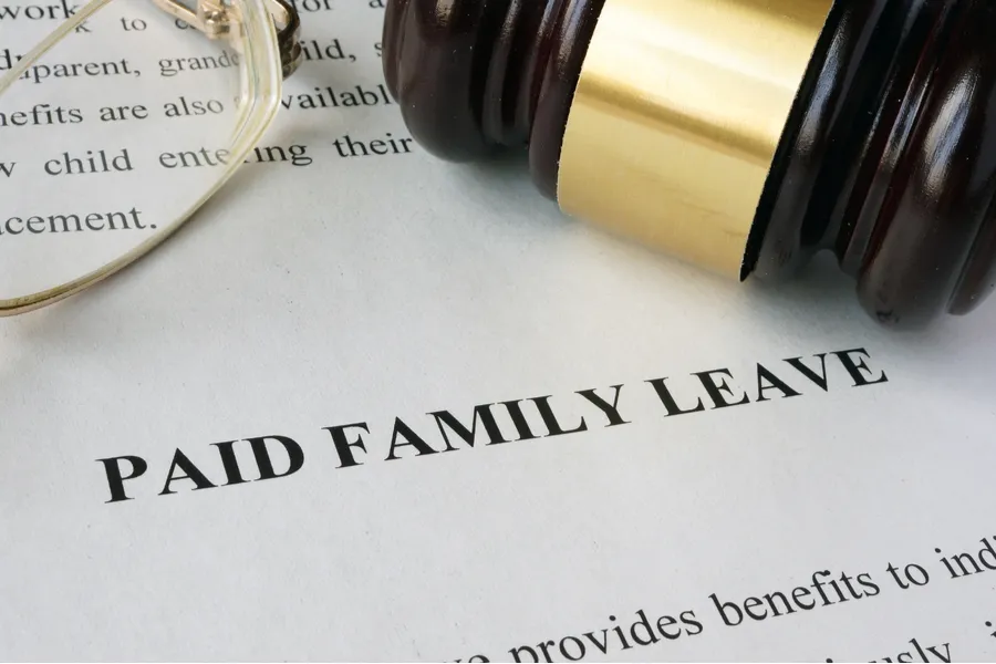 Page with title Paid family leave and gavel. Via Shutterstock?w=200&h=150