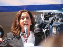 Senator Kamala Harris addresses the crowd at a rally in Toarrance, CA., in July 2017. 