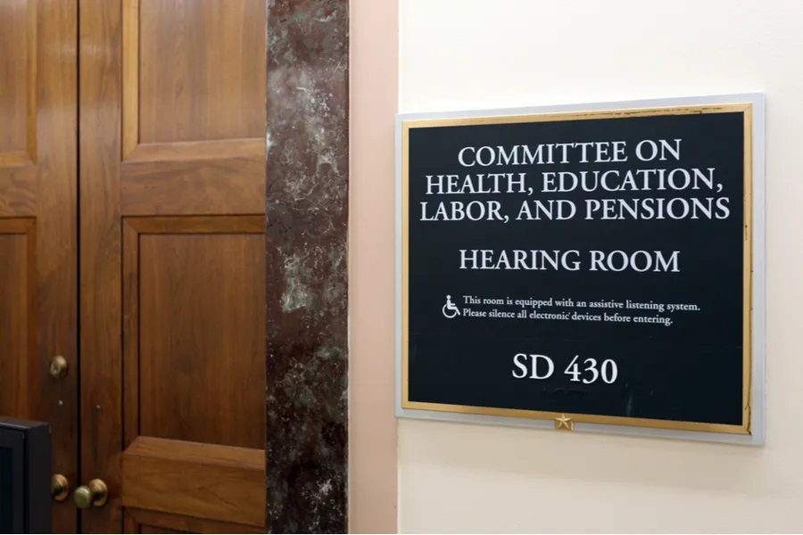  A sign at the entrance to a Senate Health, Education, Labor, and Pensions Committee room in Washington, DC. ?w=200&h=150