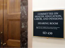  A sign at the entrance to a Senate Health, Education, Labor, and Pensions Committee room in Washington, DC. 