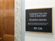 A sign at the entrance to a Senate Judiciary Committee hearing room in Washington, D.C. 