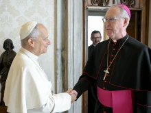 Pope Leo XIV greets Vancouver Archbishop Richard Smith at the Vatican, Saturday, Nov. 15, 2025.
