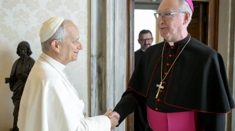 Pope Leo XIV greets Vancouver Archbishop Richard Smith at the Vatican, Saturday, Nov. 15, 2025