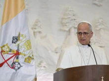 Pope Leo XIV speaks at the Presidential Palace in Baabda, Lebanon, on Nov. 30, 2025.