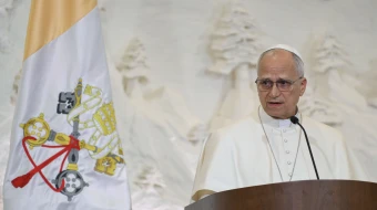 Pope Leo XIV speaks at the Presidential Palace in Baabda, Lebanon, on Nov. 30, 2025.