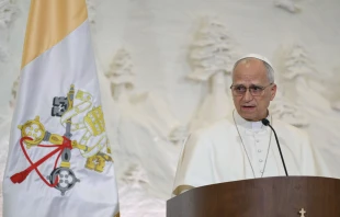 Pope Leo XIV speaks at the Presidential Palace in Baabda, Lebanon, on Nov. 30, 2025. Vatican Media