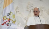 Pope Leo XIV speaks at the Presidential Palace in Baabda, Lebanon, on Nov. 30, 2025.