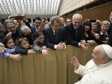Pope Francis greets staff and families of RAI, Italy’s national public broadcasting company, March 23, 2024.