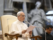 Pope Leo gives an address in St. Peter's Basilica. 2025.